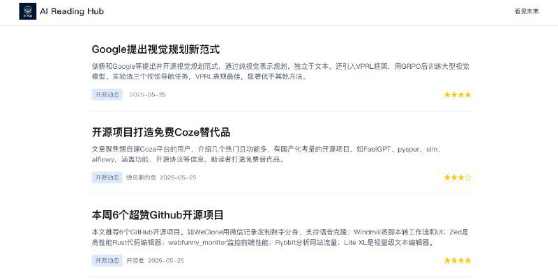 👉 名称：AI Reading Hub🤖 类型：🕸网站👏 介绍：每天精选值得读的 AI 文章：via 老胡周刊资源分享频道 - Telegram Channel