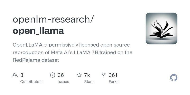 openlm-research / open_llamaOpenLLaMA, a permissively licensed open source reproduction of Meta AI’s LLaMA 7B trained on the RedPajama datasetRepo URL | 👀118 🍴361 ⭐7190#D20240421 #D20240421_Unknown #UnknownGitHubGitHub - openlm-research/open_llama: OpenLLaMA, a permissively licensed open source reproduction of Meta AI’s LLaMA 7B trained…OpenLLaMA, a permissively licensed open source reproduction of Meta AI’s LLaMA 7B trained on the RedPajama dataset - openlm-research/open_llamavia Github Trending - Telegram Channel