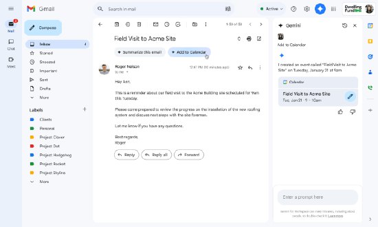 Gmail新增由Gemini驱动的“添加到日历”按钮谷歌在一篇博客文章中指出，目前该功能仅支持英语，并且只能在网页版上使用