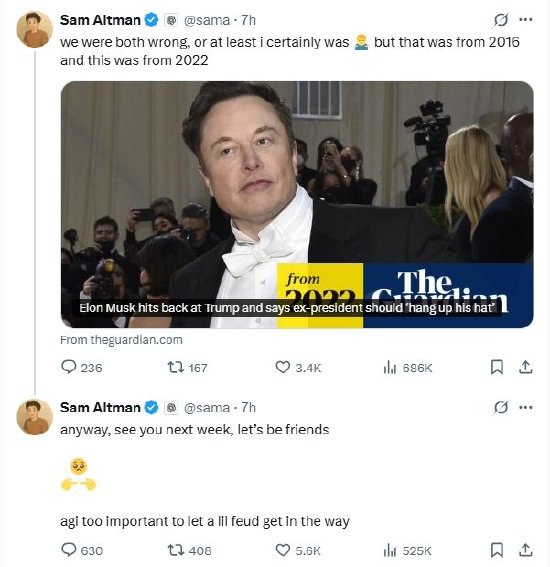 奥特曼向马斯克示好：让我们做朋友吧 AGI太重要了马斯克首先引用了Y Combinator联合创始人保罗·格雷厄姆的一条推文，其中写道：“在击败特朗普方面，很少有人比萨姆·奥特曼做得更多