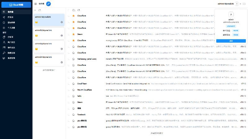 #邮箱 #cloudflare #开源📧 Cloud Mail - 自建一个属于自己的邮箱平台只需一个域名，搭配免费的 CloudFlare 服务，就可以搭建一个类似QQ邮箱、Gmail的邮箱平台支持发送邮件、发送附件、多用户管理、多号模式、数据统计等功能📮投稿 📢频道 💬群聊 🔎索引via 极客分享 - Telegram Channel