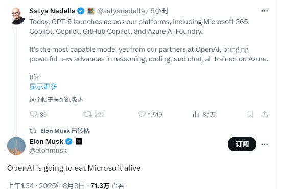 马斯克警告：微软会被OpenAI生吞OpenAI正式发布旗舰模型GPT-5，该模型在广泛领域表现卓越，位居榜首：不仅在文本生成、网页开发和视觉内容创作上排名第一，更在高难度提示词响应、编程、数学推理、创意写作以及长文处理等多个关键领域拔得头筹