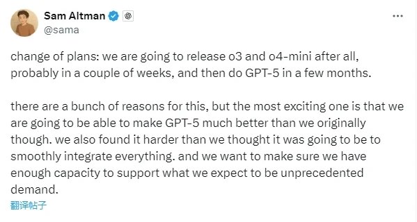 ✨ OpenAI 更新路线图：o3/o4-mini 数周内发布，GPT-5 数月内登场，性能提升并推开放权重模型OpenAI 首席执行官萨姆·奥尔特曼周五宣布，将在未来几周内发布 o3 和 o4-mini 模型，并在未来几个月内推出备受期待的 GPT-5