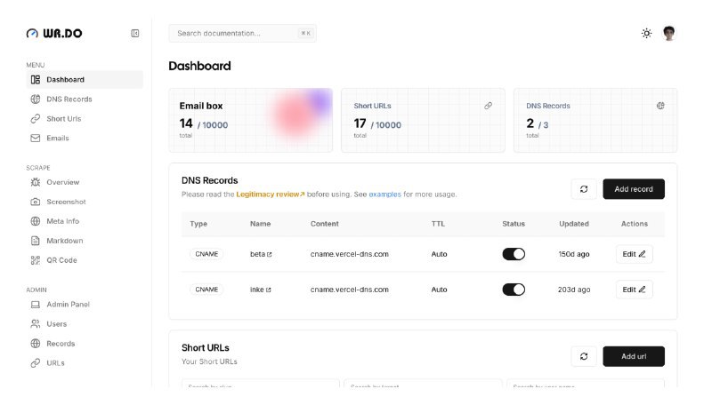 #开源 #建站 #Cloudflare🌏 WR.DO - 一个短链、临时邮箱、临时聊天室以及子域名管理聚合平台WR.DO同时拥有短链生成、临时邮箱、管理 DNS 记录等强大功能支持一键部署📮投稿 📢频道 💬群聊 🔎索引via 极客分享 - Telegram Channel