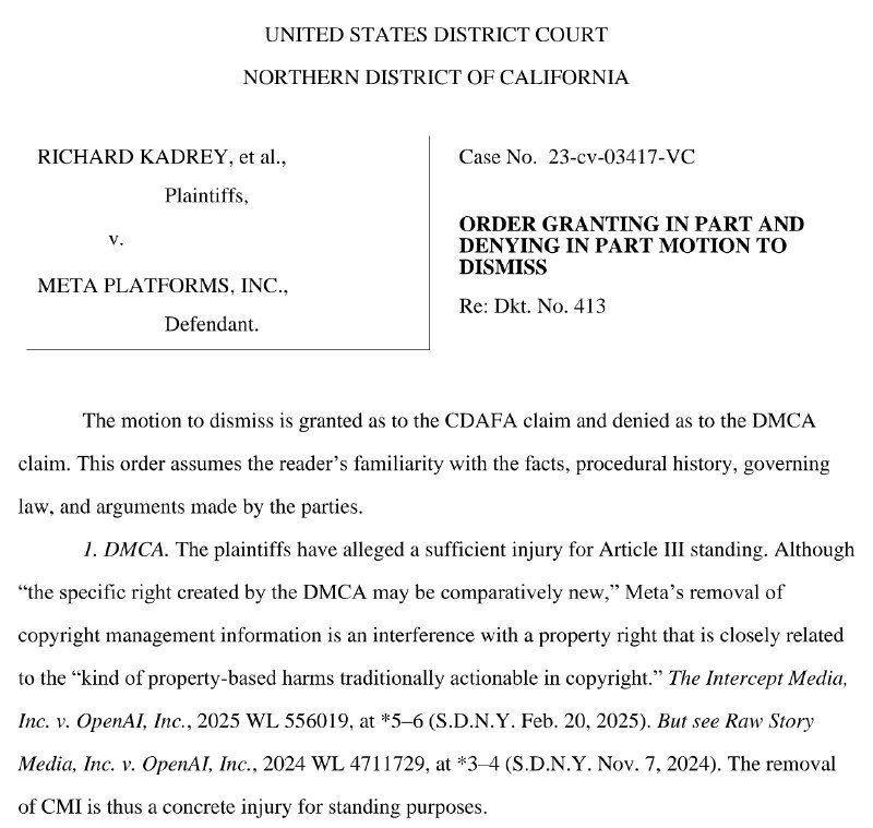 法官允许作者对 Meta 提起人工智能版权诉讼与此同时，Meta 公司声称其训练符合合理使用的条件，并辩称由于作者缺乏起诉资格，因此应驳回此案