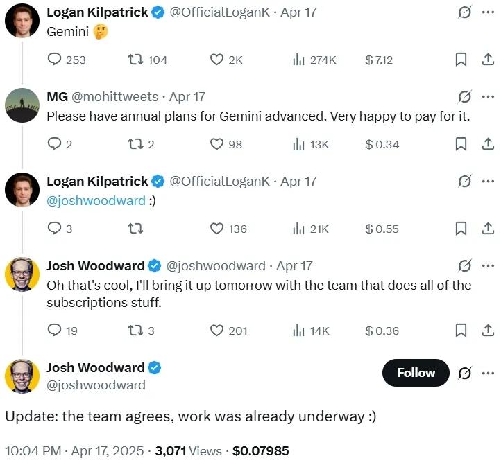 Google或将为Gemini Advanced推出年费订阅方案Google正在考虑为Gemini Advanced用户提供年费订阅选项，以降低长期使用成本
