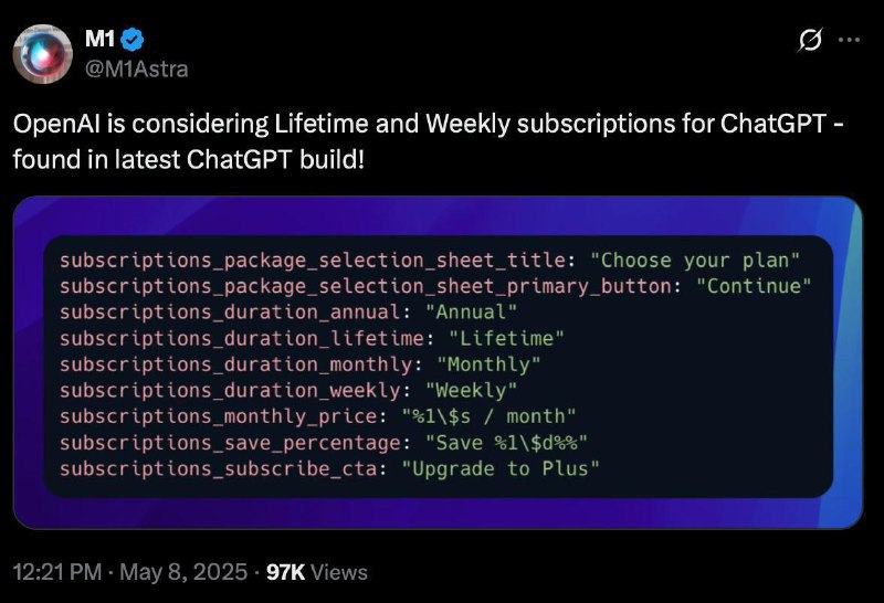 据传ChatGPT或考虑终身订阅或周订阅