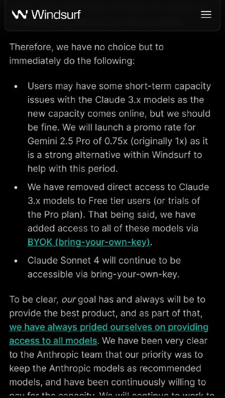 小互: 下死手了🤣Anthropic 宣布将在5天内切断 Windsurf 的所有API访问权限具体涉及的模型包括：• Claude 3.5 Sonnet• Claude 3.7 Sonnet• Claude 3.7 Sonnet Thinking由于Windsurf 从未获得 Claude 4 的直接访问权限等于直接被Anthropic彻底封杀了❌----------------------Wed Jun 04 2025 11:54:51 GMT+0800 (China Standard Time)via Twitter @小互小互: 下死手了🤣Anthropic 宣布将在5天内切断 Windsurf 的所有API访问权限具体涉及的模型包括：• Claude 3.5 Sonnet• Claude 3.7 Sonnet• Claude 3.7 Sonnet Thinking由于Windsurf 从未获得 Claude 4 的直接访问权限等于直接被Anthropic彻底封杀了❌----------------------Wed Jun 04 2025 11:54:51 GMT+0800 (China Standard Time)via Twitter @小互
