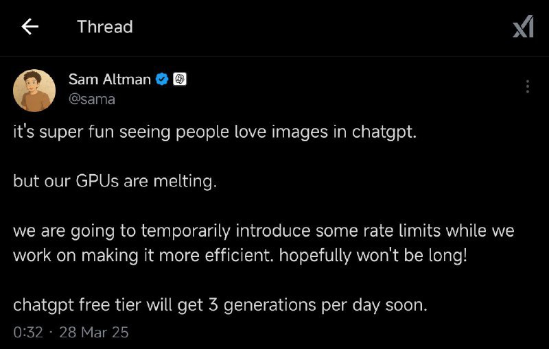 ChatGPT图像生成火爆，将临时设限缓解GPU压力由于ChatGPT的图像生成功能广受用户喜爱，导致其GPU资源高度紧张