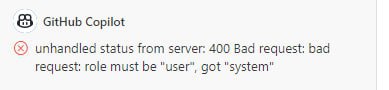 Github Copilot Chat1. 使用vscode insiders2. 安装copilot nightly(和copilot chat)3. 要有copilot订阅4. 左侧就会出现一个chat按钮，点击即可交互没怎么测试，就试了一下explain my code，貌似能接受上万长度的代码，远超普通的gpt不过试的时候有时报错，如图三role must be 