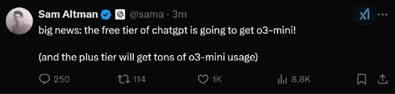 OPENAI的奥特曼：重大新闻：ChatGPT的免费版将获得O3-Mini，而Plus版用户将获得O3-Mini的广泛访问权限！(财经快讯)via 茶馆 - Telegram Channel