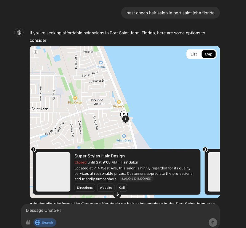 ChatGPT 搜索现在可以显示地图ChatGPT 的搜索功能新增了地图显示功能，用户可以直接在搜索结果中查看相关地点的地图