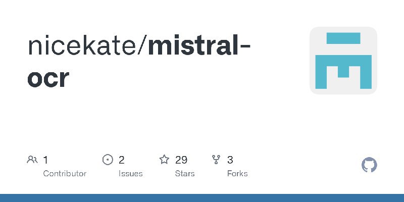 #AI #OCR⭐ Mistral OCR PDF 处理工具该项目基于 Mistral AI 的 OCR (光学字符识别) 功能实现从 PDF 文档中提取文本内容和图像，并将结果保存为 Markdown 格式📑相关阅读Mistral AI 发布全球最强 OCR：每解析1000 页费用为1 美元📮投稿 📢频道 💬群聊 🔎索引GitHubGitHub - nicekate/mistral-ocrContribute to nicekate/mistral-ocr development by creating an account on GitHub.via 极客分享 - Telegram Channel