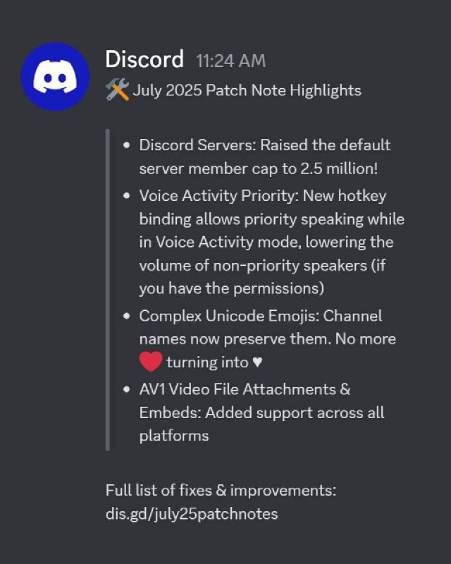 Discord 服务器成员上限提升至 250 万人Discord 宣布将服务器默认成员上限从 50 万人大幅提升至 250 万人，增幅达 5 倍
