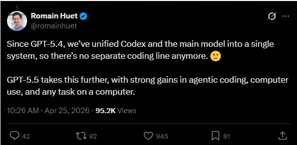 OpenAI终止Codex独立产品线并将其全面并入GPT-5.54月26日，OpenAI宣布正式终止其专用编程模型Codex的独立分支，并将其核心能力全面整合至最新的GPT-5.5主模型中