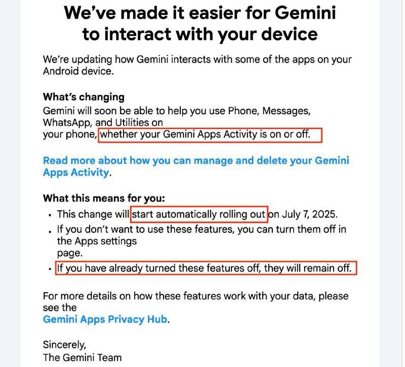 📱 Android默认允许Gemini访问第三方应用，用户需主动设置阻止从本周一开始，谷歌在Android设备上推行更新，允许其Gemini AI自动访问第三方应用（如WhatsApp），即使用户此前曾关闭相关权限