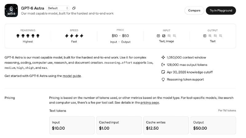 GPT-6 Astra 已支持 API，每 1M tokens 输入 $10.00，输出$50.00