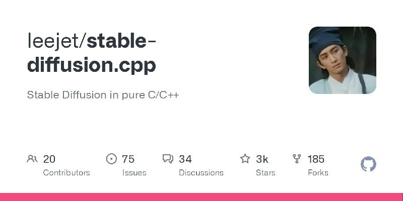 leejet / stable-diffusion cppStable Diffusion in pure C/C++Repo URL | 👀47 🍴195 ⭐2574#D20240429 #D20240429_Cplusplus #CplusplusGitHubGitHub - leejet/stable-diffusion.cpp: Stable Diffusion in pure C/C++Stable Diffusion in pure C/C++. Contribute to leejet/stable-diffusion.cpp development by creating an account on GitHub.via Github Trending - Telegram Channel