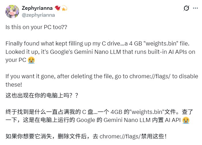 Google Chrome被指擅自下载AI模型 悄悄塞入4GB文件安全专家近日曝光谷歌Chrome浏览器存在未经授权的隐蔽行为，在用户不知情的情况下，偷偷下载约4GB的Gemini Nano AI模型文件并运行内置AI API