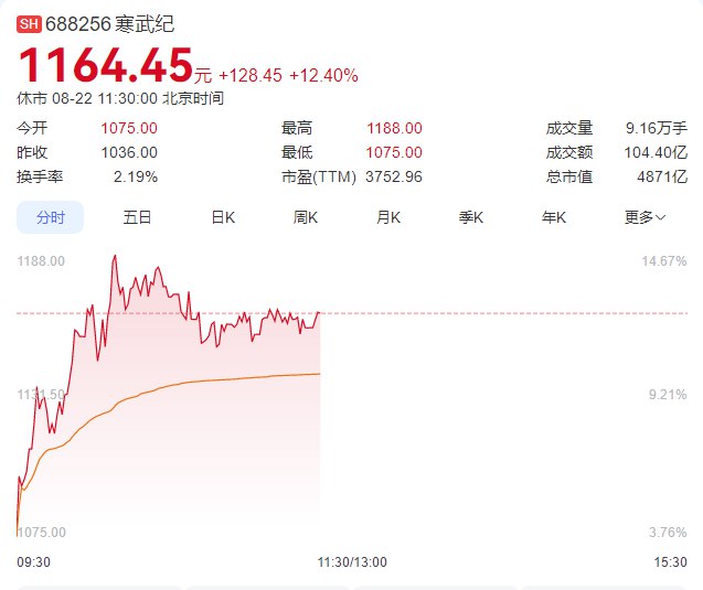 寒武纪成AI芯片“新一哥” 市值一度逼近5000亿超中芯国际大牛股寒武纪再爆发！8月22日早盘，截至10:25，国产“英伟达”——寒武纪表现强劲，盘中大涨近14%，股价续创历史新高，总市值超过4940亿元，一举超越中芯国际，跃居科创板市值榜首，成为科创板“新晋一哥”