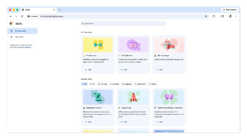 Google为Chrome中的Gemini推出可保存自定义AI提示的“技能库”Google今日更新了桌面版 Chrome 浏览器，为其中的 Gemini 功能新增“技能库”（Skills Library），允许用户将常用的 AI 任务保存为“技能”，并在任意网站上一键复用