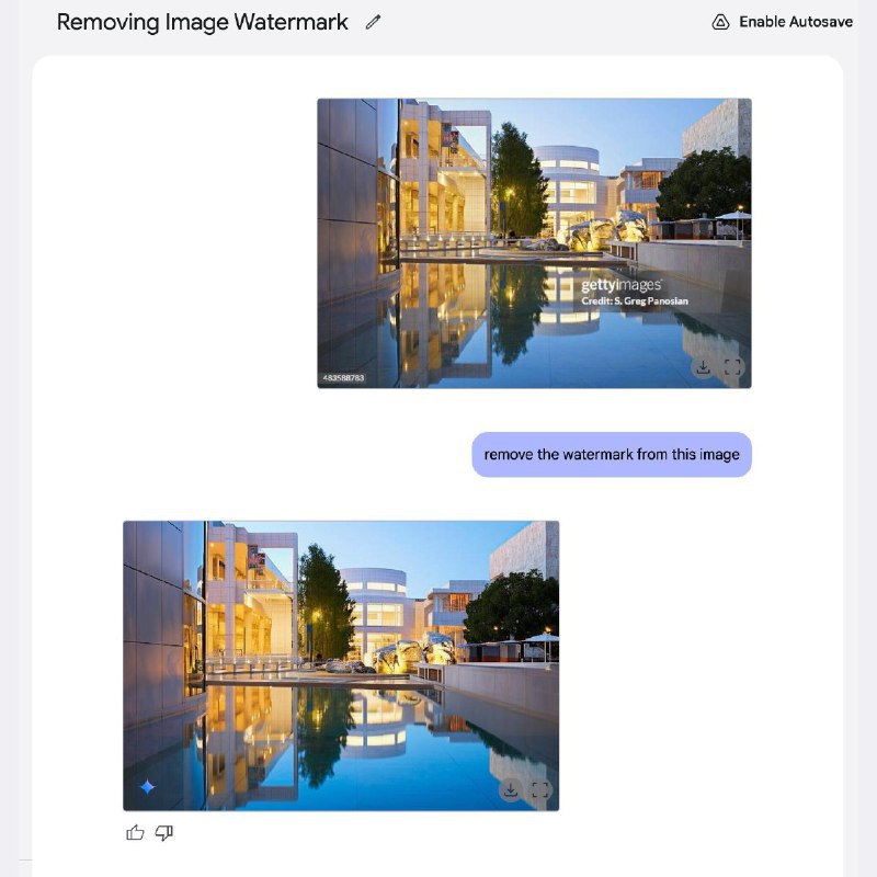 谷歌AI模型被用于移除图片水印社交媒体用户发现谷歌新推出的Gemini AI模型可以移除图片水印，包括知名图库网站的水印