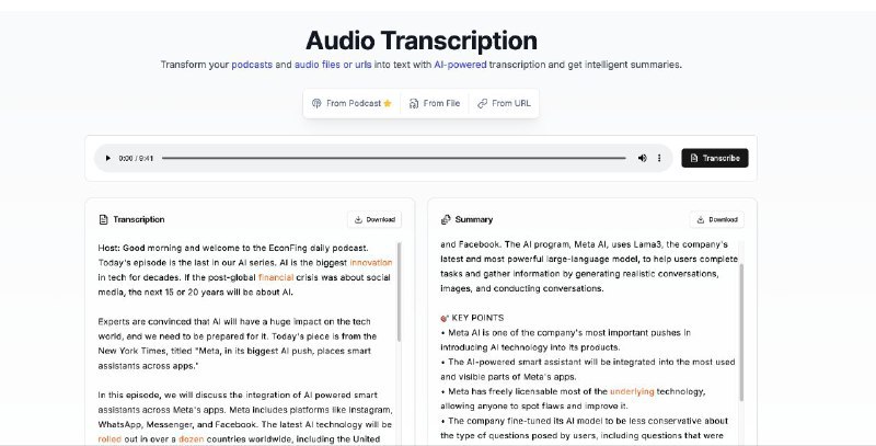 #GitHub #AI #工具🎙 Podcast Transcription - AI 播客转录工具▎项目介绍：一个基于 Next.js 和 OpenAI Whisper API 的播客转录应用，支持音频文件转录和智能摘要生成