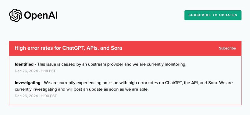 ↩️🖼 OpenAI 服务出现故障，API、ChatGPT以及Sora均受到影响 本次故障由上游提供商引起 