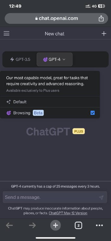 昨天获得Browsing资格，现在用手机浏览器访问ChatGPT，顶部已变成三栏via Weston555🗒 标签: #ChatGPT #OpenAI #AI📢 频道: @GodlyNews1🤖 投稿: @Godlynewsbotvia Yummy 😋 - Telegram Channel (author: Yummy 投稿机器人)