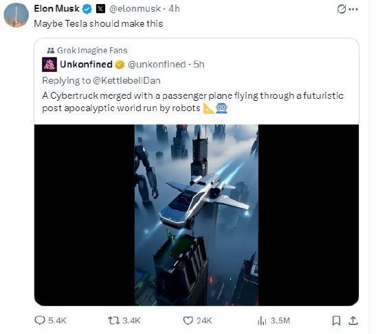 马斯克回应AI生成的飞行Cybertruck视频：或许特斯拉应该制造这个特斯拉CEO埃隆·马斯克周二回应了一位X用户分享的一段由Grok Imagine生成的视频，展示了一辆 Cybertruck在未来城市的高楼大厦上空飞行的场景，视频中还有巨型机器人在周围活动