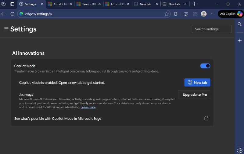 微软Edge浏览器测试新AI功能 可总结浏览历史：但付费才能用据报道，微软Edge浏览器正在测试一项名为“Journeys”的新AI功能，其核心理念是将用户的浏览活动转化为总结，但用户需要订阅每月20美元的Copilot Pro才能使用