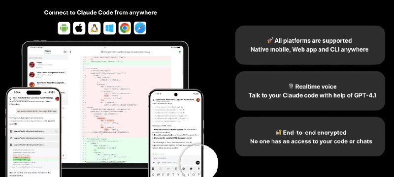 👉 名称：slopus/happy🤖 类型：🤖软件👏 介绍：在手机&网页上方便地使用 Claude Code：via 老胡周刊资源分享频道 - Telegram Channel