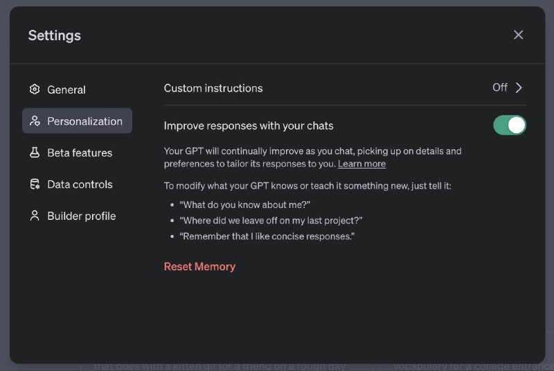 ChatGPT 更新了个性化学习功能1. 从用户聊天中学习，记住偏好和细节，提供定制化回应2. 随着用户交流，效率和回应质量逐渐提高3. 用户可管理 GPT 记忆，包括重置或关闭此功能4. 用户通过对话指导 GPT 学习新内容或确认其所记信息，例如询问“你知道关于我什么？”或“记住，我喜欢简洁的回应