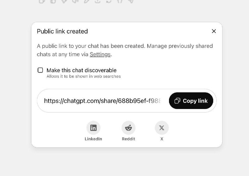 🤖 OpenAI 移除 ChatGPT 公开对话可被搜索引擎索引功能OpenAI 于 7 月 31 日宣布，已移除 ChatGPT 允许用户公开对话被搜索引擎索引的功能