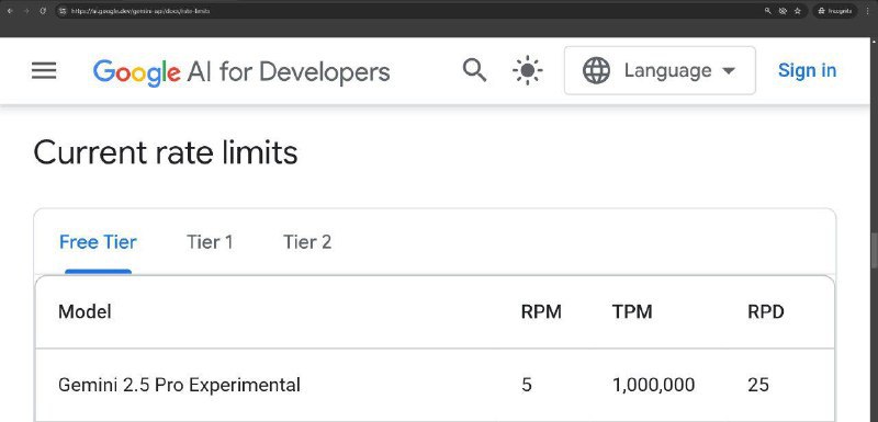 Gemini 2.5 Pro Experimental 对免费用户的每日请求次数限制进行了调整，从原先的50次/日下调至25次/日
