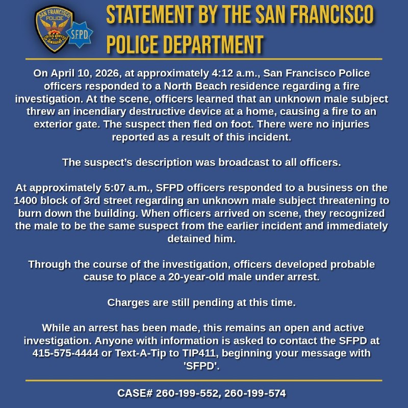 20岁男子因涉嫌向Sam Altman住宅投掷燃烧瓶被捕当地时间周五清晨，旧金山警方逮捕了一名20岁男子，嫌疑人被指在当天早些时候向OpenAI首席执行官山姆·阿尔特曼（Sam Altman）位于俄罗斯山（Russian Hill）社区的住宅投掷燃烧瓶（汽油弹）