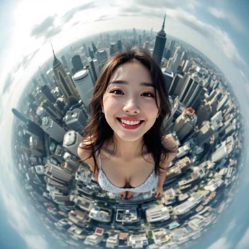 Prompt ✏️: Overlooking panoramic photography, a beautiful Chinese woman, smiling directly into the camera, surrounded by landmark buildings of various cities beneath her feet, shot with an ultra-wide-angle, panoramic camera, presenting a spherical wide-angle view.Model 🖼: flux pro📢 频道 ✈️ 群聊 📬 投稿 💵 商务via AI绘画｜AI视频 | AI音乐 - Telegram Channel