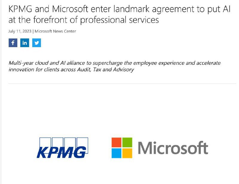 5年20亿美元！毕马威与微软签了大单，会计师事务所要All In AI了AI继续颠覆审计行业！毕马威与微软深度“绑定”，5年内毕马威计划投资微软20亿美元，而自动化变革有望在这5年内为毕马威创造120亿美元的收入