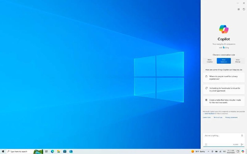 微软即将在Windows 10上推出其AI CopilotWindows 10中的Copilot将与Windows 11中的工作方式非常相似，在屏幕右侧有一个按钮，可以让您快速访问聊天机器人