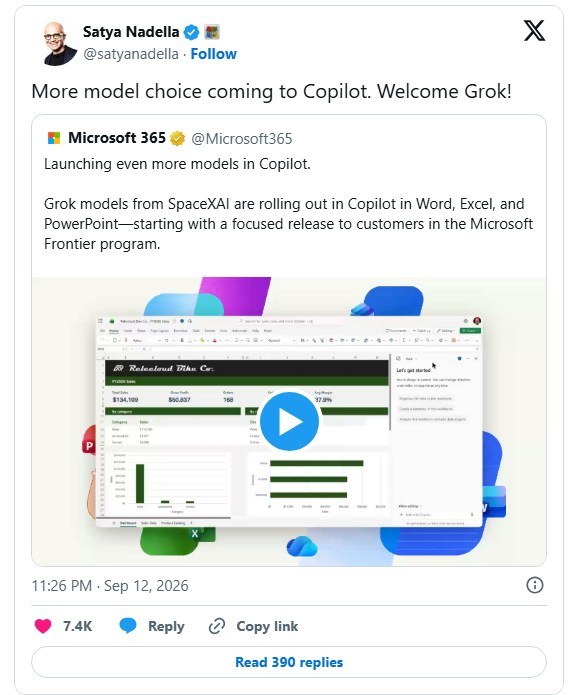 微软扩展 Copilot 模型库:SpaceXAI Grok 正式上线 Word、Excel 与 PowerPoint微软9月12日宣布，正式在 Microsoft365Copilot 中引入来自 SpaceXAI 的 Grok 模型