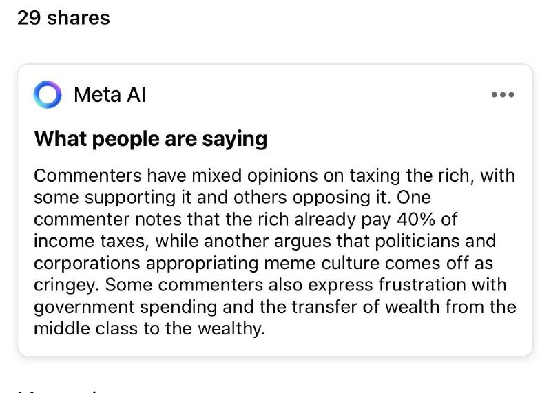 Meta 的AI 正在总结 Facebook 的评论区如果你最近用过 Facebook 应用，你可能会看到 Meta 的 AI 在评论区插了一脚，给大家的评论做总结