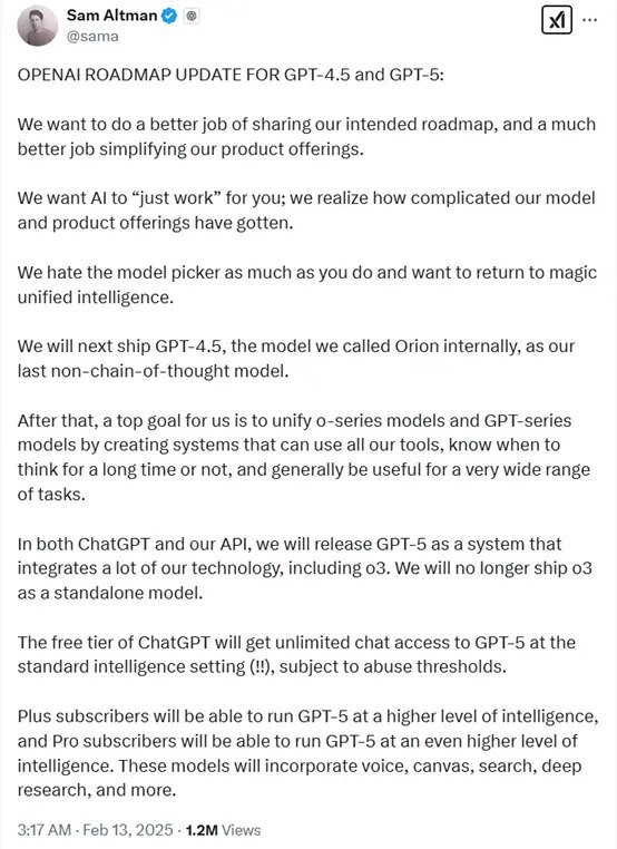 OpenAI放王炸：GPT-5免费无限使用，产品矩阵大整合接着会整合GPT和O系列两大模型打造一个全新的系统，能自动选择思考和非思考功能，适用于多种任务