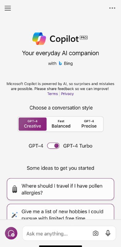 Copilot Pro 已在的 Copilot iOS 和 Android 应用程序中启用