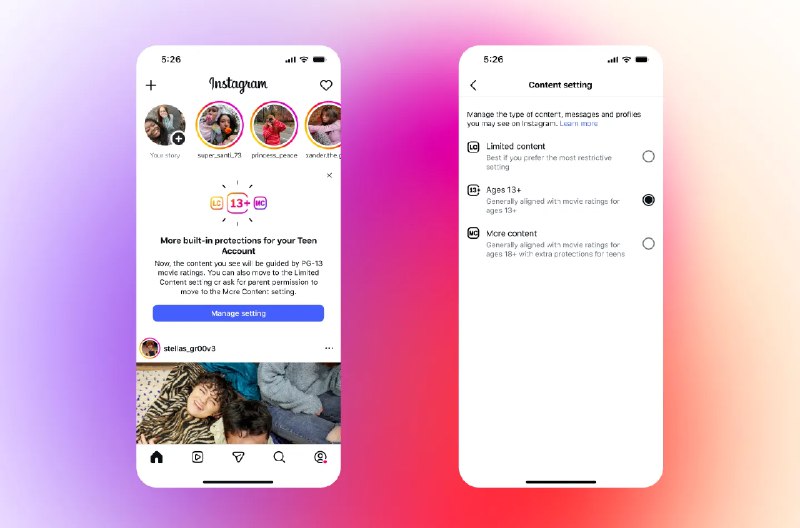 Instagram将默认向青少年显示PG-13内容 并增加更多家长控制功能为了保护未成年用户免受有害内容影响，Instagram近日宣布将对青少年账户推出新的内容限制