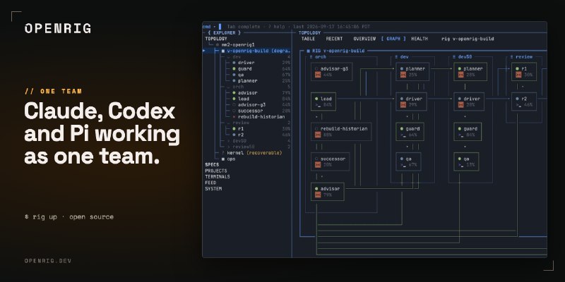 mvschwarz/openrig用 Claude Code、 Codex 和 Pi 搭建你自己的智能体网络：让它们以持久团队的形式协作，分工明确、共享上下文，并各自承担工作
