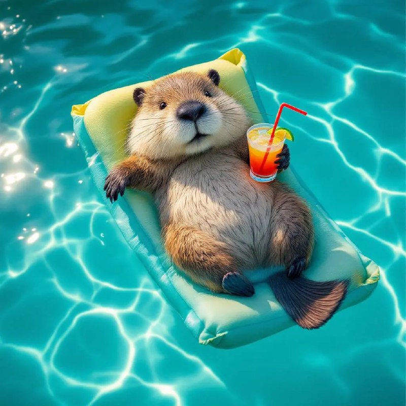 Prompt ✏️: A beaver swimming in blue-green water, lying on an inflatable mattress. A beaver holding a cocktail with a straw. The sun is shining. Relaxing. Professional photography.Model 🖼: flux pro📢 频道 ✈️ 群聊 📬 投稿 💵 商务via AI绘画｜AI视频 | AI音乐 - Telegram Channel