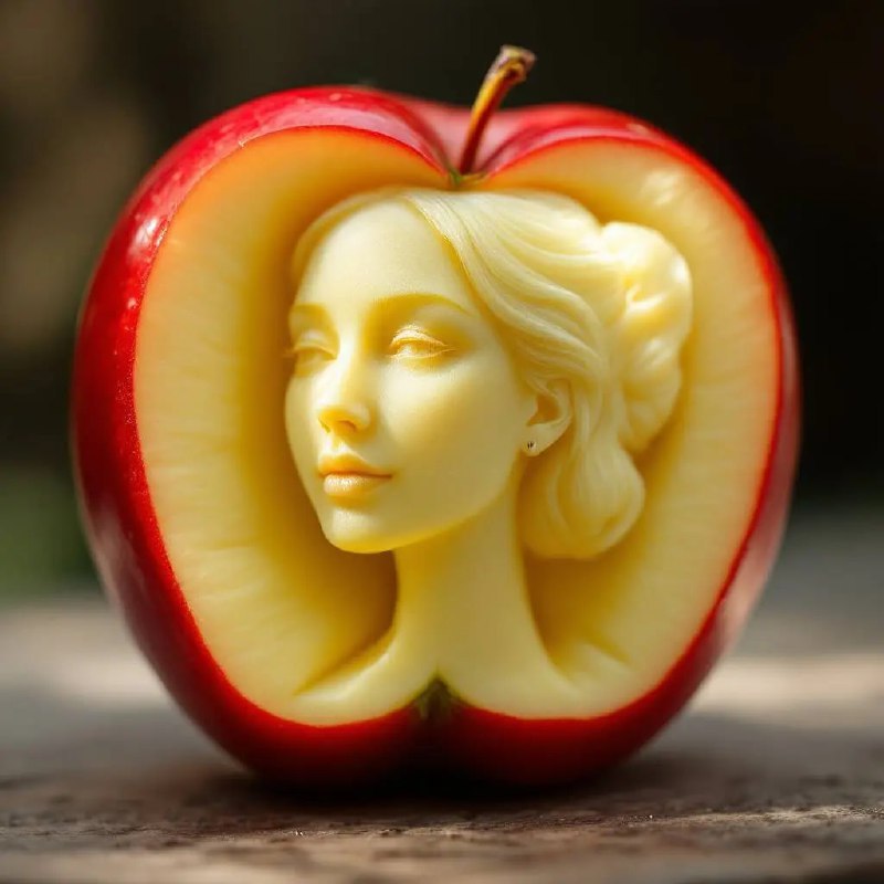 Prompt ✏️: outer red layer to reveal the pale inner flesh in the shape of [a young woman]. The carving should be simple, showing the features of [a young woman], making it look as if [a young woman] shape is playfully etched into the apple. The apple should be placed on a simple surface with natural lighting to enhance the realism and focus on the simple carving.Model 🖼: flux pro📢 频道 ✈️ 群聊 📬 投稿 💵 商务via AI绘画｜AI视频 | AI音乐 - Telegram Channel