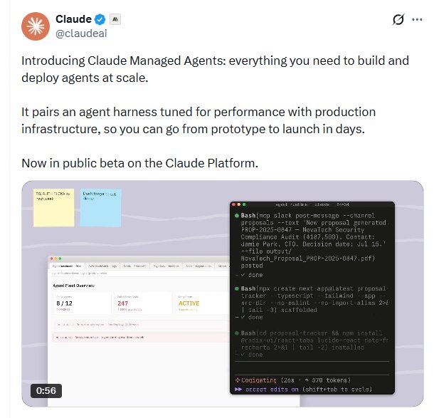 Anthropic 上线 Claude Managed Agents 公测版，一站式解决 AI 代理生产部署Anthropic 今日正式宣布，Claude Managed Agents 公开测试版已在 Claude 平台上线