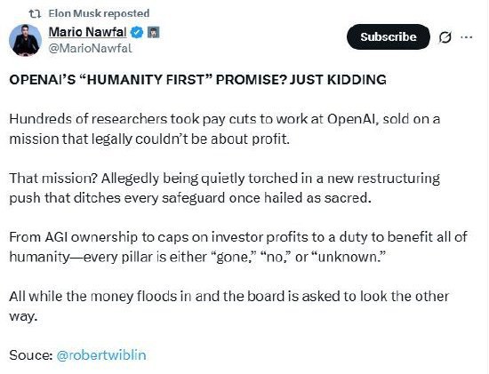 马斯克收购OpenAI受阻 质疑其发展方向那项使命如今怎样了呢？据说，在一场新的重组行动中，它正被悄然抛弃，曾经被奉为神圣的所有保障措施都被弃之不顾