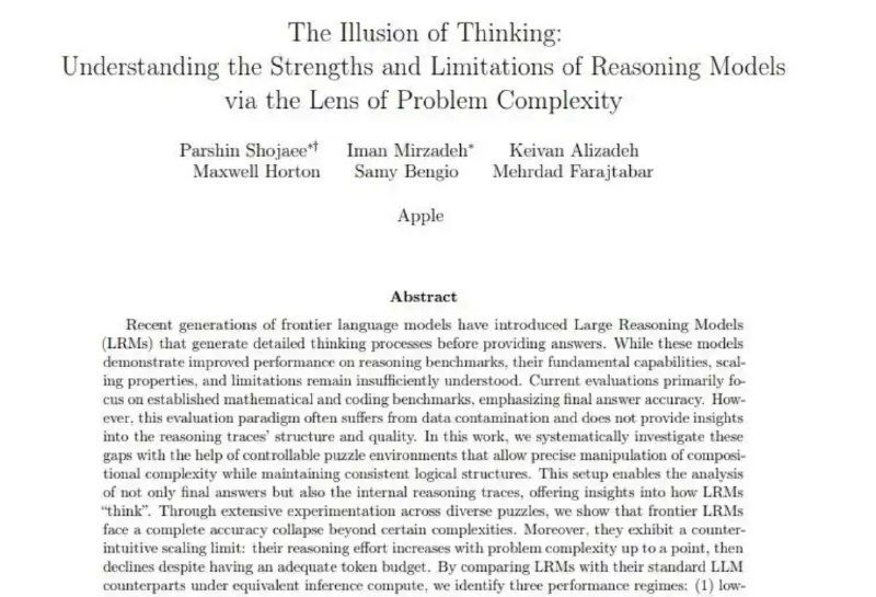 🤖苹果研究揭示AI推理模型局限：仅为“模式匹配机器”* 苹果公司研究表明，当前顶尖推理模型本质上缺乏真正的认知能力，只是精密的“模式匹配机器”